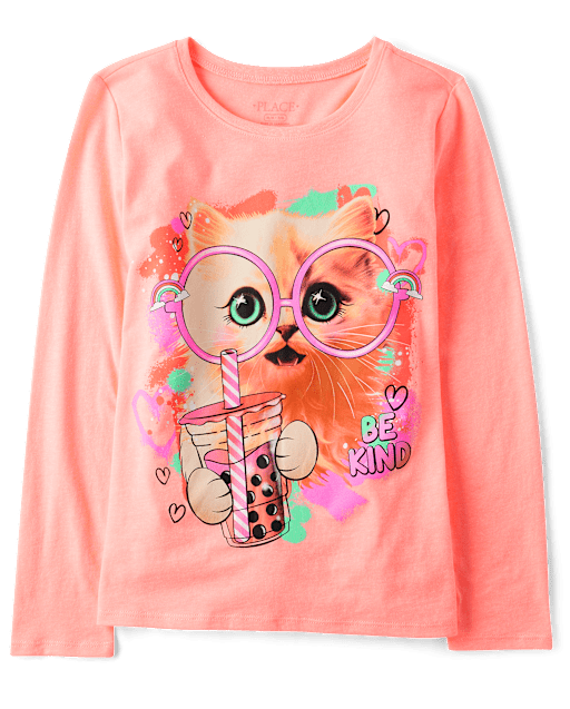 Girls Cat Glasses Graphic Tee