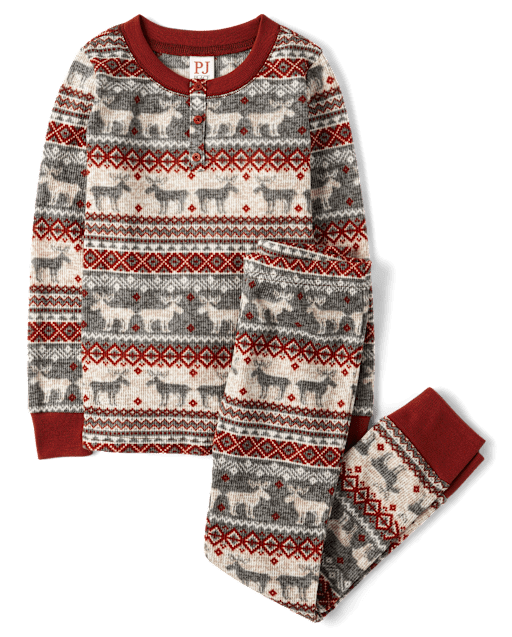 Kids Matching Family Moose Fairisle Thermal Henley Pajamas