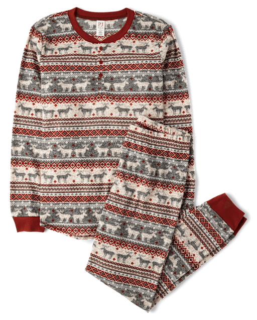 Mens Matching Family Moose Fairsle Thermal Henley Pajamas