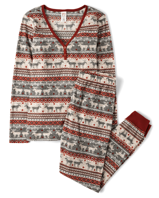 Womens Matching Family Moose Fairsle Thermal Henley Pajamas