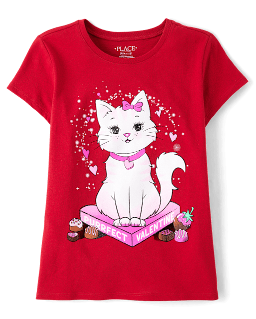 Girls Valentine's Day Cat Graphic Tee