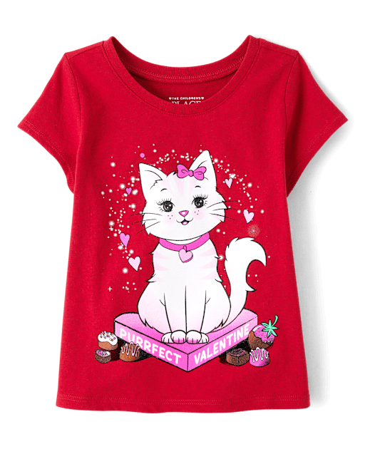 Baby And Toddler Girls Valentine's Day Cat Graphic Tee