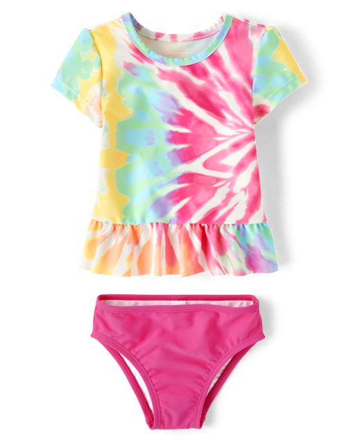 Baby And Toddler Girls Rainbow Tie Dye Peplum Rashguard Swimsuit