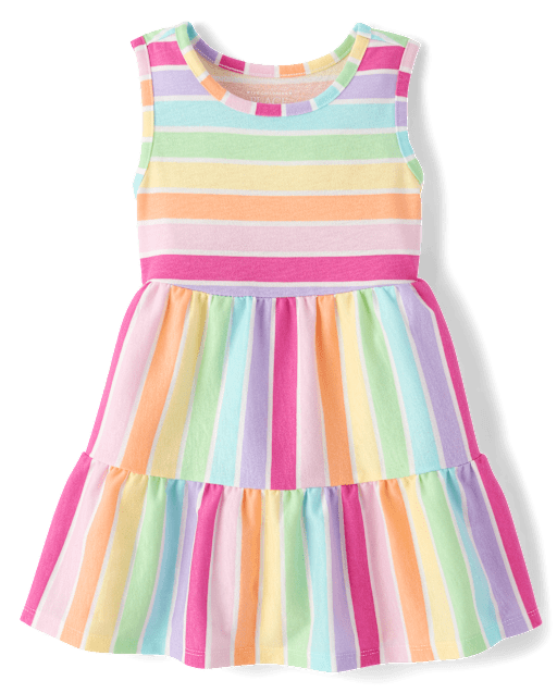 Baby And Toddler Girls Rainbow Striped Tiered Dress