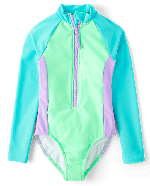 Girls Colorblock Rashguard One Piece Swimsuit