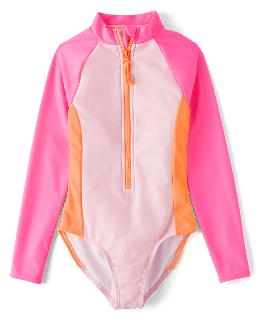 Girls Colorblock Rashguard One Piece Swimsuit