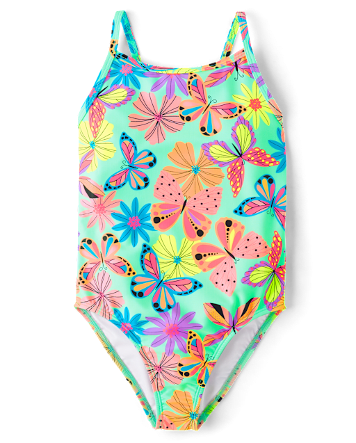 Girls Print Cross Back One Piece Swimsuit