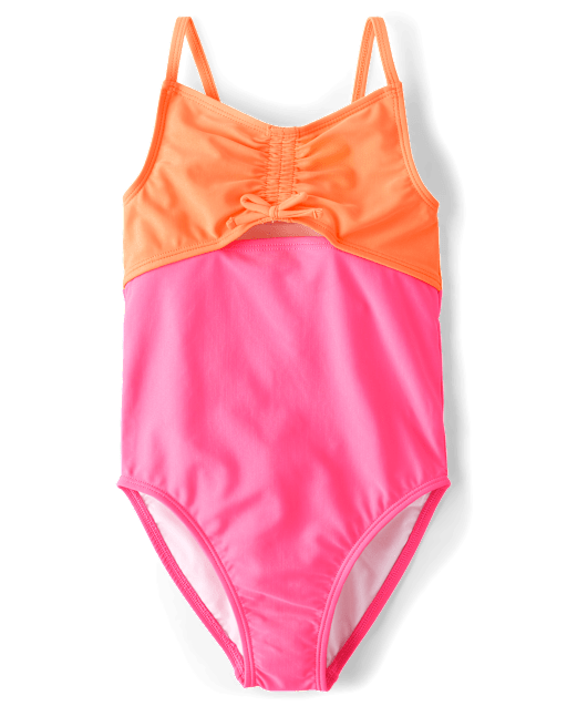 Girls Colorblock Ruched Cut-Out One Piece Swimsuit
