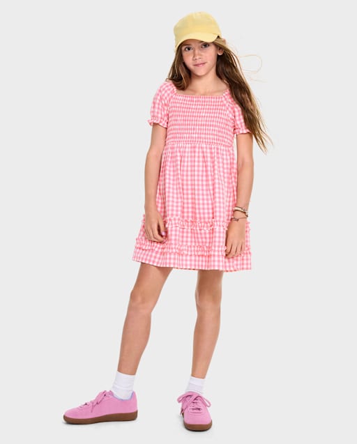 Girls Mommy And Me Gingham Poplin Smocked Ruffle Dress
