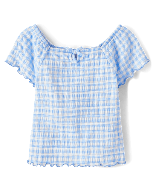 Girls Gingham Smocked Keyhole Top