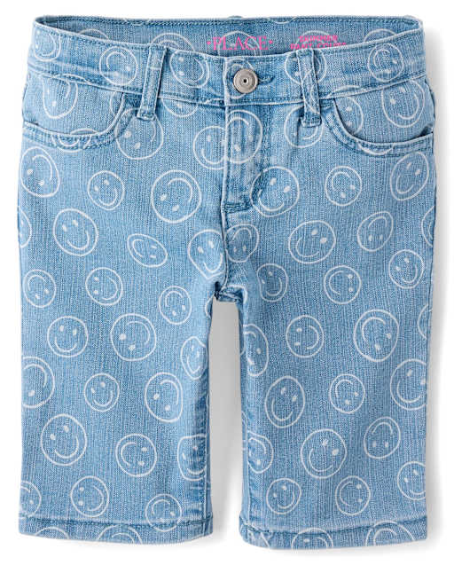 Short en jean à motif visage souriant pour filles