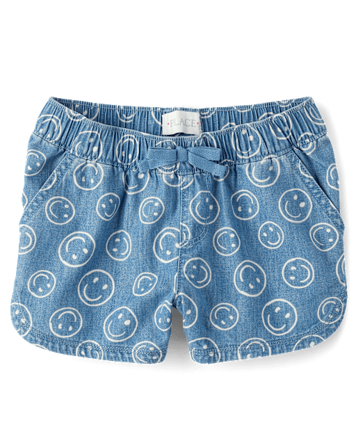 Girls Happy Face Chambray Pull On Shorts