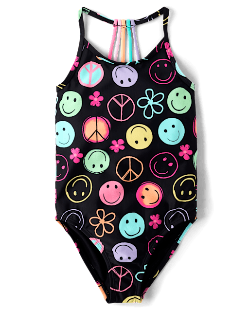Girls Rainbow Happy Face One Piece Swimsuit