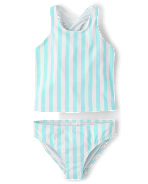 Girls Striped Cross Back Tankini Swimsuit