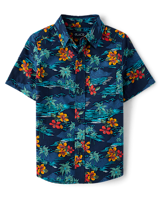 Boys Tropical Poplin Button Up Shirt