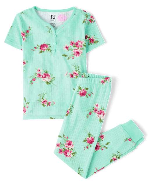 Girls Floral Henley Pointelle Snug Fit Cotton Pajamas