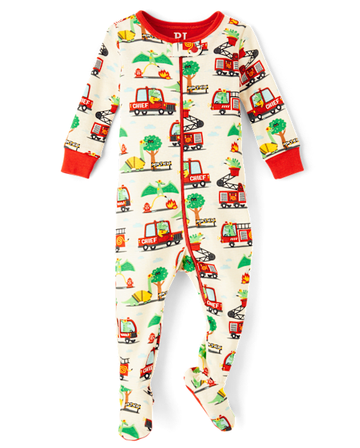 Baby And Toddler Boys Fire Truck Snug Fit Cotton Footed One Piece Pajamas