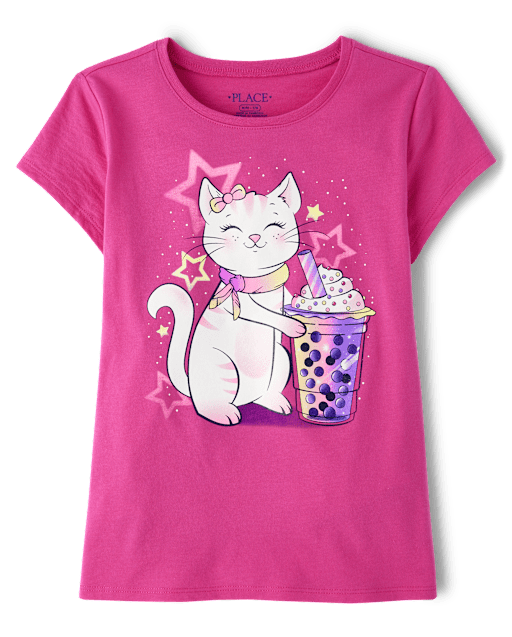 Girls Cat Drink Graphic Tee