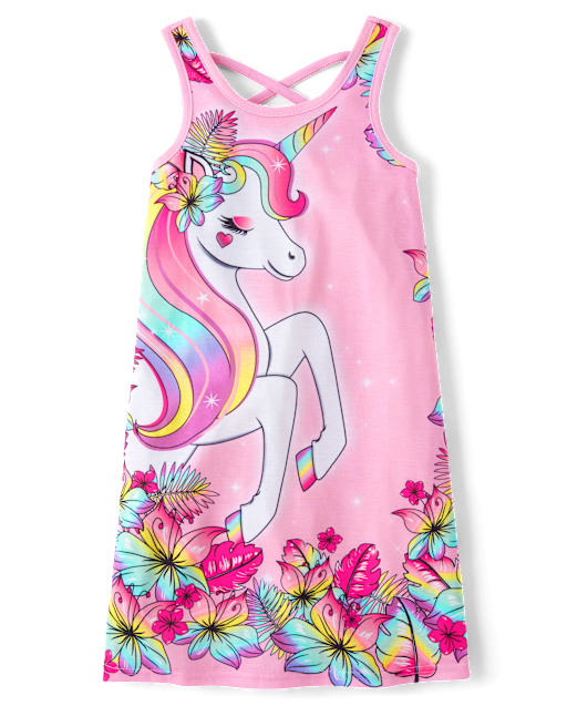 Girls Tropical Unicorn Cross-Back Nightgown