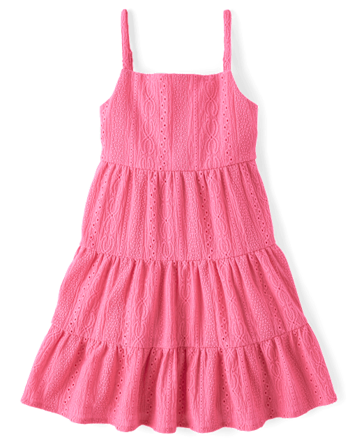 Girls Bow Back Eyelet Tiered Dress