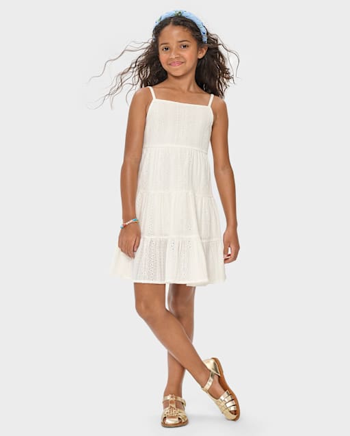 Girls Bow Back Eyelet Tiered Dress