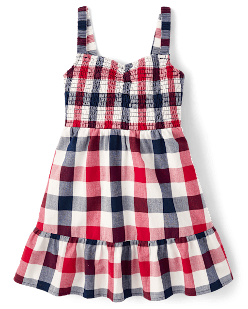 Girls Gingham Smocked Ruffle Dress