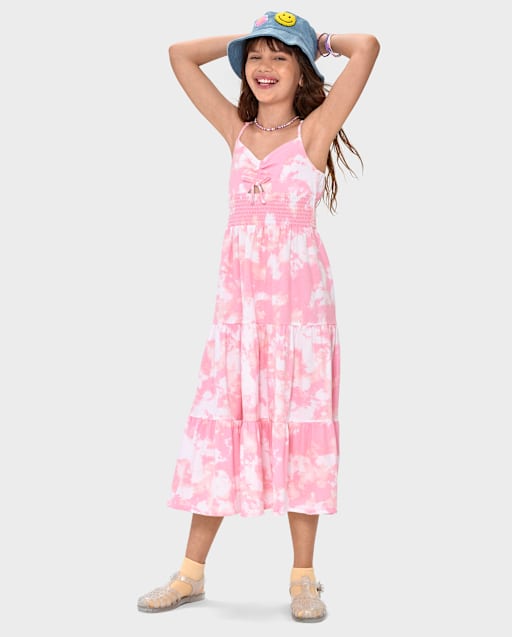 Girls Print Smocked Maxi Tiered Dress