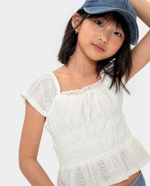 Girls Eyelet Smocked Top