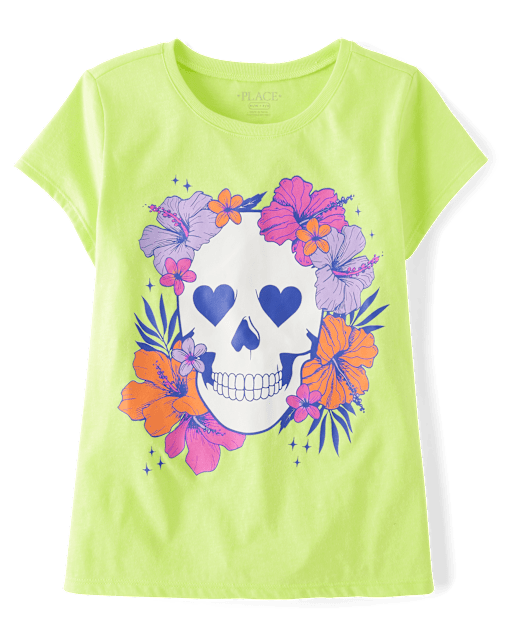 Girls Skull Flowers Graphic Tee