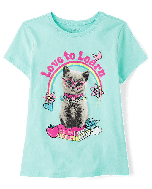 Girls Love to Learn Cat Graphic Tee