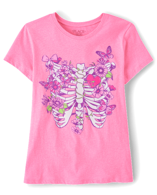 Girls Floral Skeleton Bones Graphic Tee