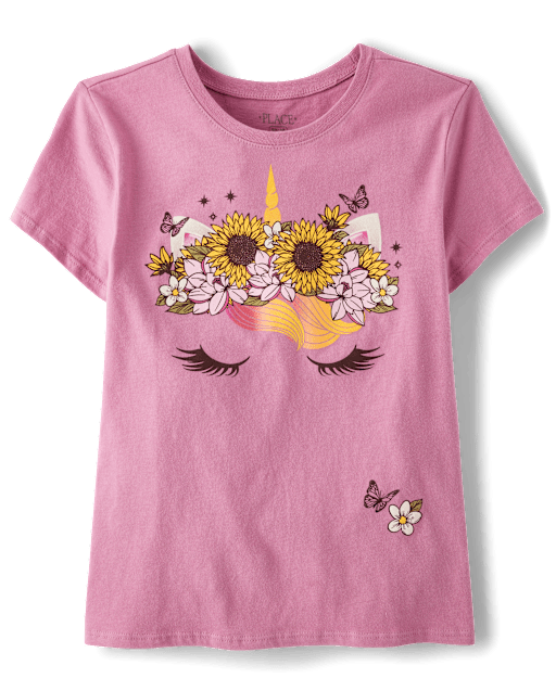 Girls Flower Crown Unicorn Graphic Tee
