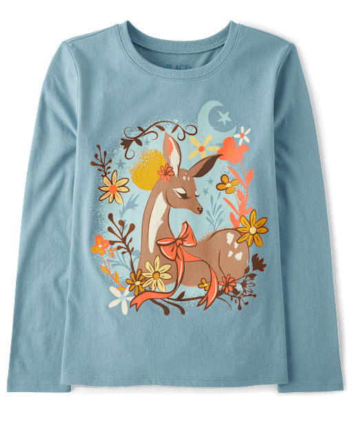 Girls Floral Deer Graphic Tee