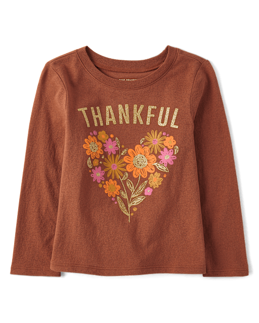 Baby And Toddler Girls Thankful Flower Heart Graphic Tee