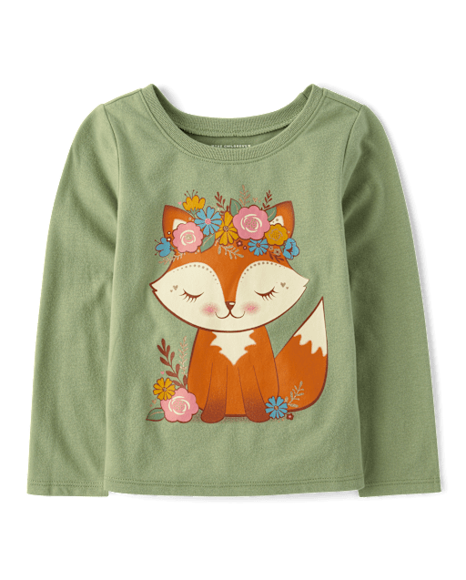 Baby And Toddler Girls Flower Crown Fox Graphic Tee