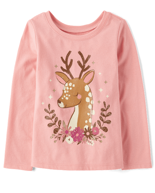 Baby And Toddler Girls Floral Deer Graphic Tee
