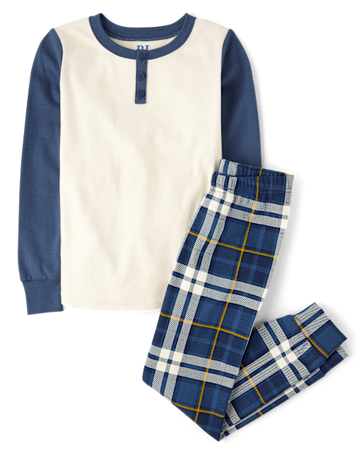 Boys Plaid Snug Fit Cotton Henley Pajamas