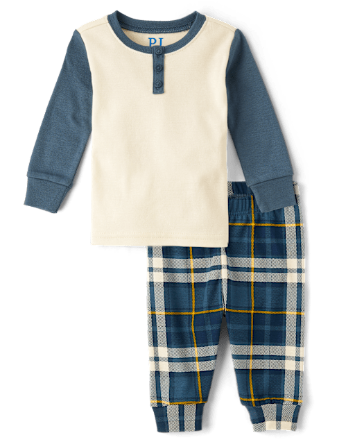 Baby And Toddler Boys Plaid Snug Fit Cotton Henley Pajamas