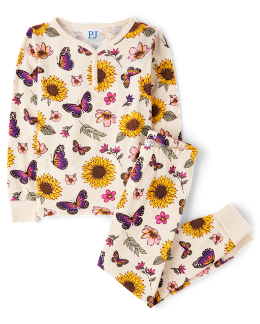 Girls Floral Butterfly Snug Fit Cotton Henley Pajamas