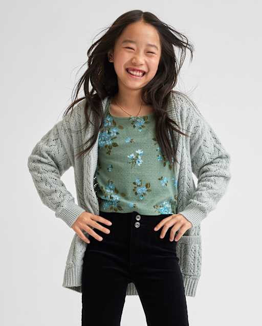 Girls Metallic Stitched Open Front Cardigan