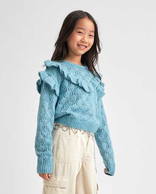 Pull pointelle à volants pour fille