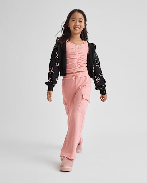 Girls Premium Fleece Wide Leg Cargo Pants