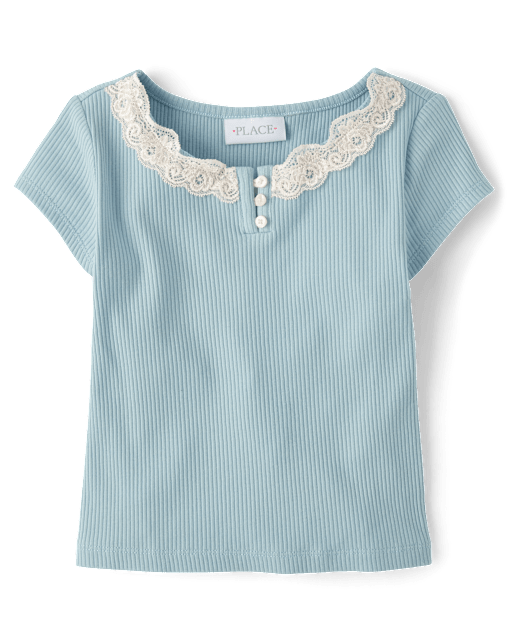 Girls Ribbed Lace Henley Top