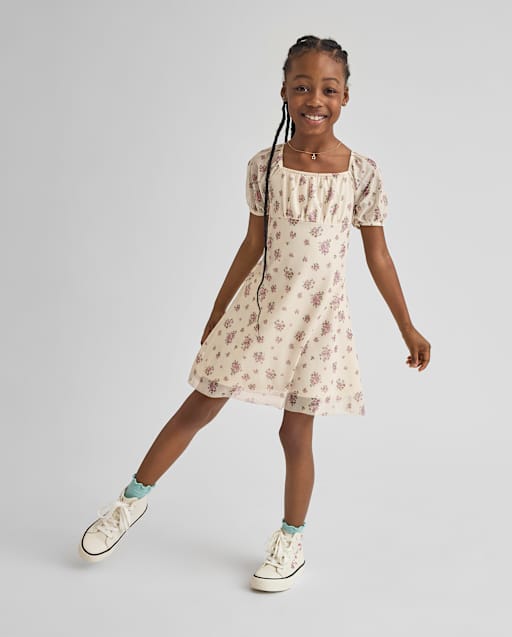 Girls Floral Mesh Puff Sleeve Dress