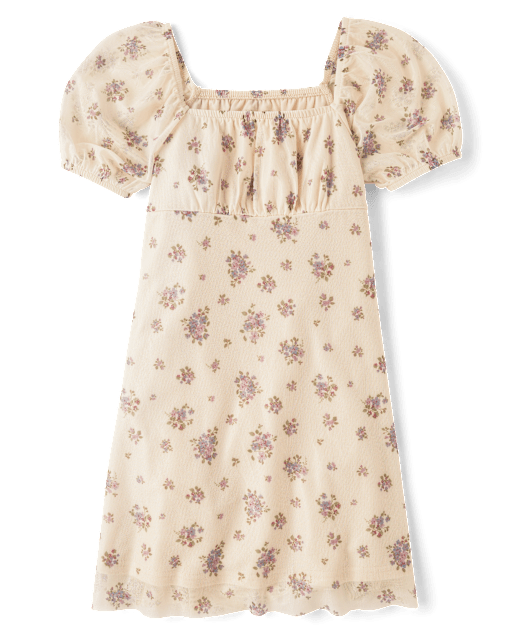 Girls Floral Mesh Puff Sleeve Dress