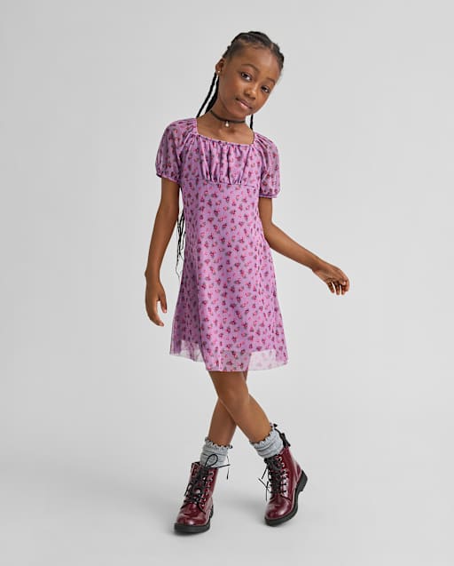 Girls Floral Mesh Puff Sleeve Dress