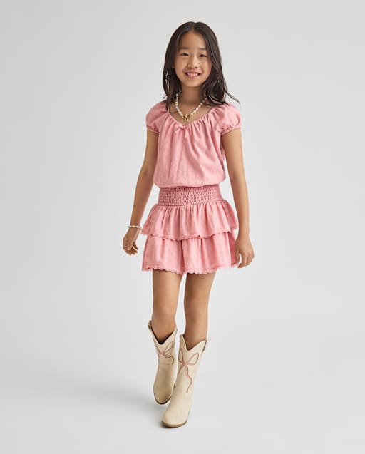 Girls Clip Dot Smocked Tiered Dress