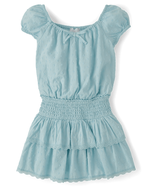 Girls Clip Dot Smocked Tiered Dress