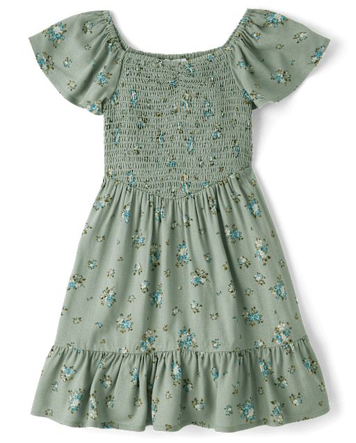 Girls Floral Smocked Ruffle Dress