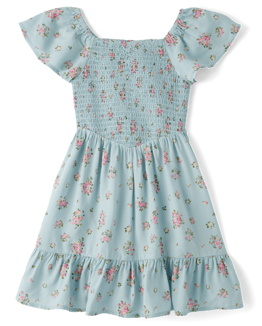 Girls Floral Smocked Ruffle Dress